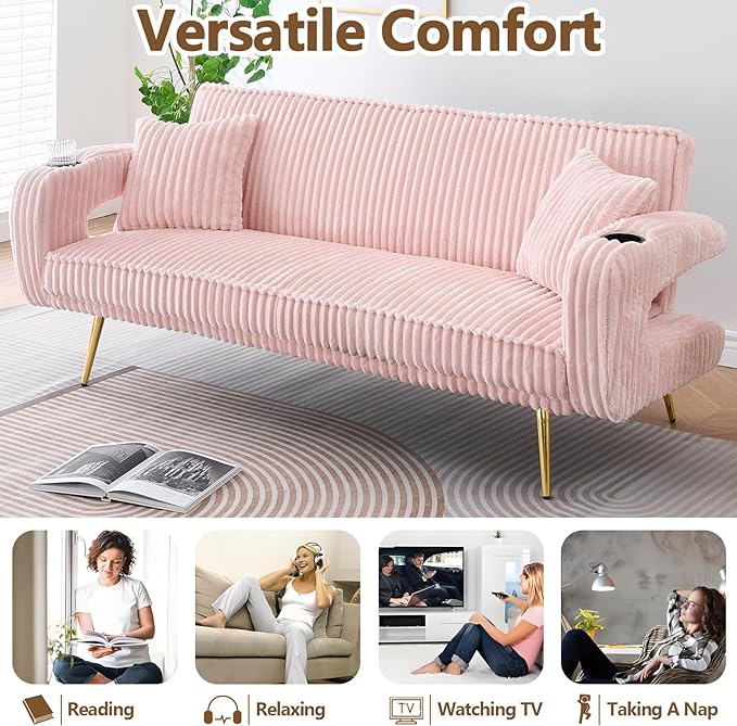 70 Beige Futon Couch Bed Sofa Comfortable Futon Loveseat with Cupholders &amp Arms Convertible Fouton Sofas with Adjustable Backrest &amp Pockets for Small Spaces Living Room Bedroom Dorm (Pink)