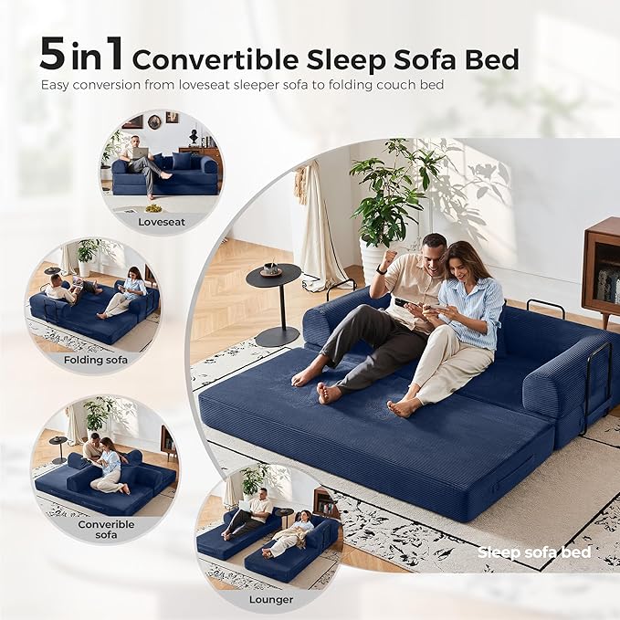 79'' Convertible Sofa Bed 5-in-1 Folding Corduroy Sleeper Couch with Pull Out Bed Oversized Modular Floor Sofa No Assembly Space-Saving Guest Bed for Apartment Living Room Bedroom (Blue) | Convert