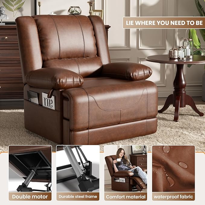 Large Dual Motor Power Lift Recliner Chair with Massage and Heat for Elderly People Infinite PositionUSB Ports and Remote ControlBreathable Leather (Red Brown)