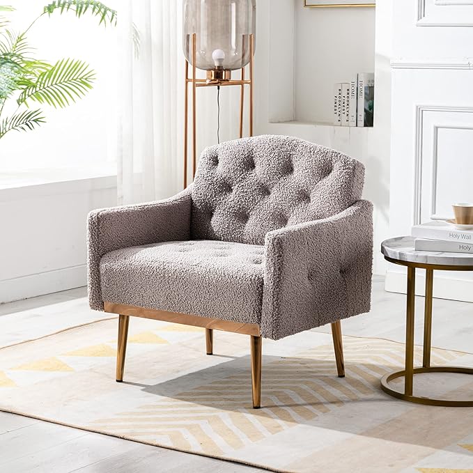Modern Teddy Fabric Accent ChairUpholstered Button-Tufted Single SofaComfy Armchair Chair with Rose Golden Legsfor Living Room Bedroom Home Office (Grey)