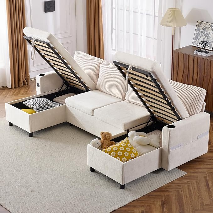 Merax Pull-Out Sofa Bed Sleeper Pull Out Sectional Couch with Storage USB Cup Holder for Apartment Living Room Beige