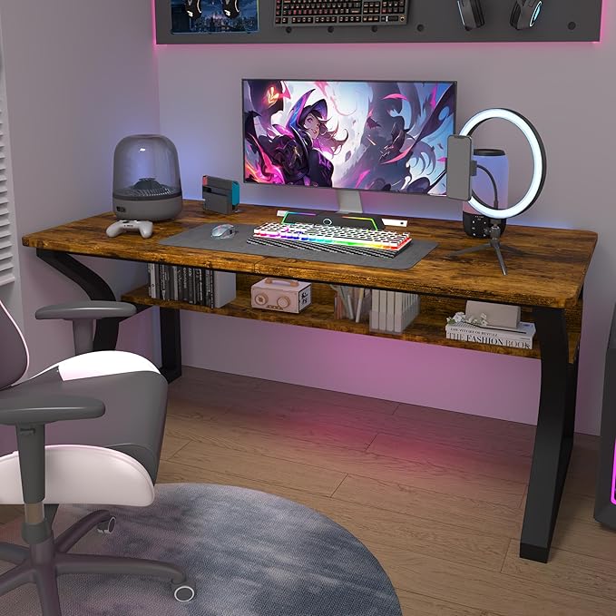 StarGraph Computer Desk 55'' Large Home Office Desk with Sturdy Metal Frame U Shaped Modern Computer Desks with Storage Study Writing Office Work from Home Desks (Rustic Brown 55 inch)