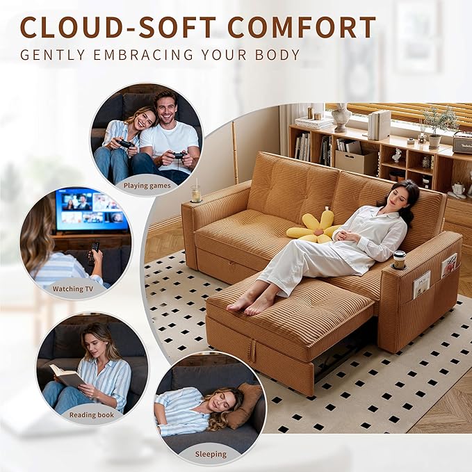 73.2 Convertible Sleeper Sofa Bed 3-in-1 Queen Size Pull Out Couch with Adjustable Backrest Side Pocket &amp Cup Holders Corduroy Fabric Small Modular Couch for Living Room (Orange)