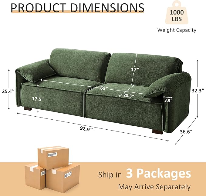 VANOMi 92.9 Sofa Couch for Living Room Modern Comfy 3-Seater Cloud Sofas Chenille Small Couches for Small Spaces Upholstered Deep Seat Couch for Bedroom Apartment (Green)