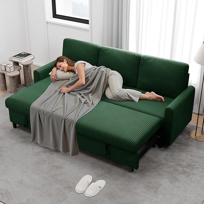 Walsunny Sectional Sofa Couch L Shaped Sleeper Sofa Bed Pull Out Bed with Storage Reversible Sectional Couches for Living Room Apartment Office(Green)