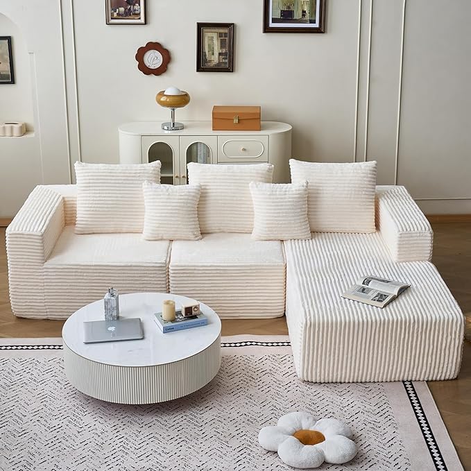 108'' Boneless Couch Sectional Boneless Couch w/Deep Seat Cloud Boneless Couches w/Stripe&amp Flannel Fabrics Boneless L Shaped Couches for Living Room Right Facing Chaise Beige