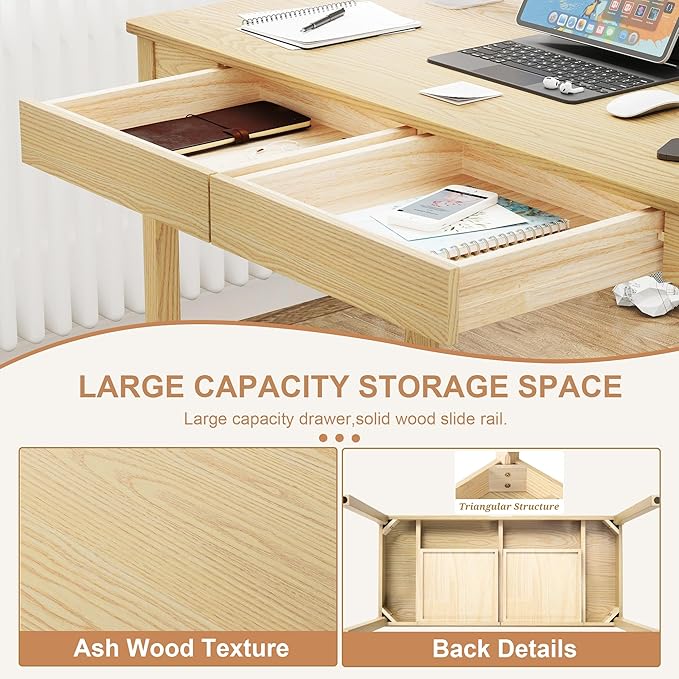 Solid Ash Wood Desk - 47.2 Inch Natural Boho Desks 220LBS Capacity Writing Desk with Drawers Simple Study Table Home Office Desks for Bedroom Living Room &amp Office