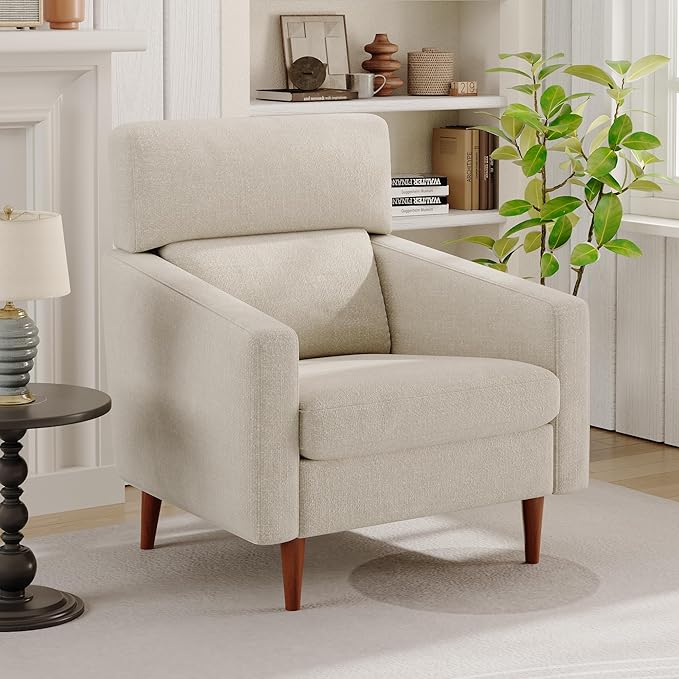 EJUNQ Mid-Century Accent ChairFabric Modern Reading Living Room Chairs Upholstered Armchair with Wood LegsCozy Reading Chair for Living RoomBedroom（Beige