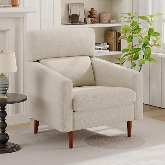 EJUNQ Mid-Century Accent ChairFabric Modern Reading Living Room Chairs Upholstered Armchair with Wood LegsCozy Reading Chair for Living RoomBedroom（Beige