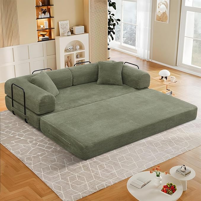 78 Convertible Sleeper Sofa Bed with Cylindrical Pillow Corduroy Folding Mattress Couch with Fixed Frame Floor Sofa Lounge Couch for Living Room Bedroom Apartment Light Green