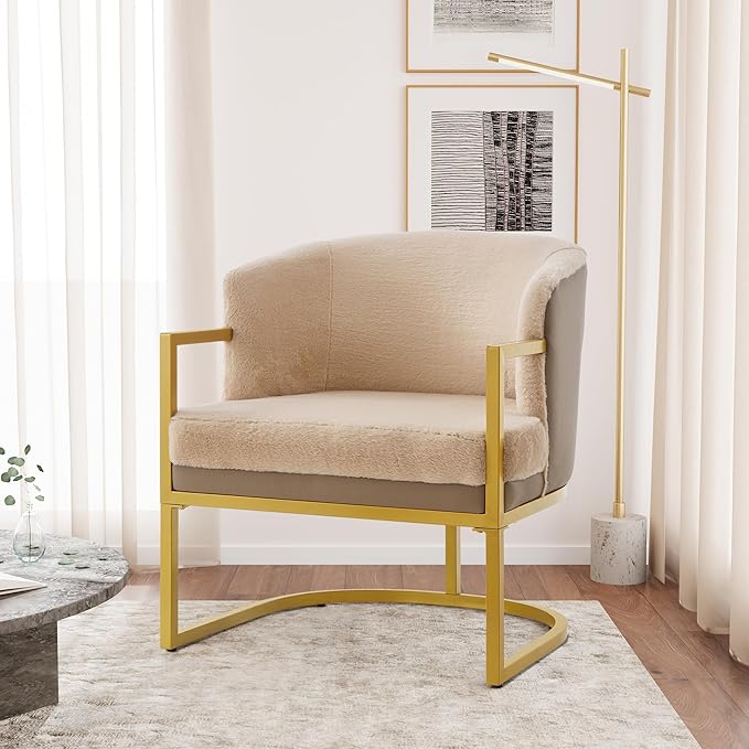 Christopher Knight Home Hailey Modern Accent Chair Faux Rabbit Fur Upholstered Lounge Chair Indoor Curved Backrest Armchair Soft Cushion Seating for Living Room Reading Home Brown + Gold