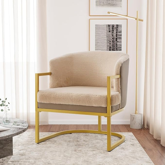 Christopher Knight Home Hailey Modern Accent Chair Faux Rabbit Fur Upholstered Lounge Chair Indoor Curved Backrest Armchair Soft Cushion Seating for Living Room Reading Home Brown + Gold