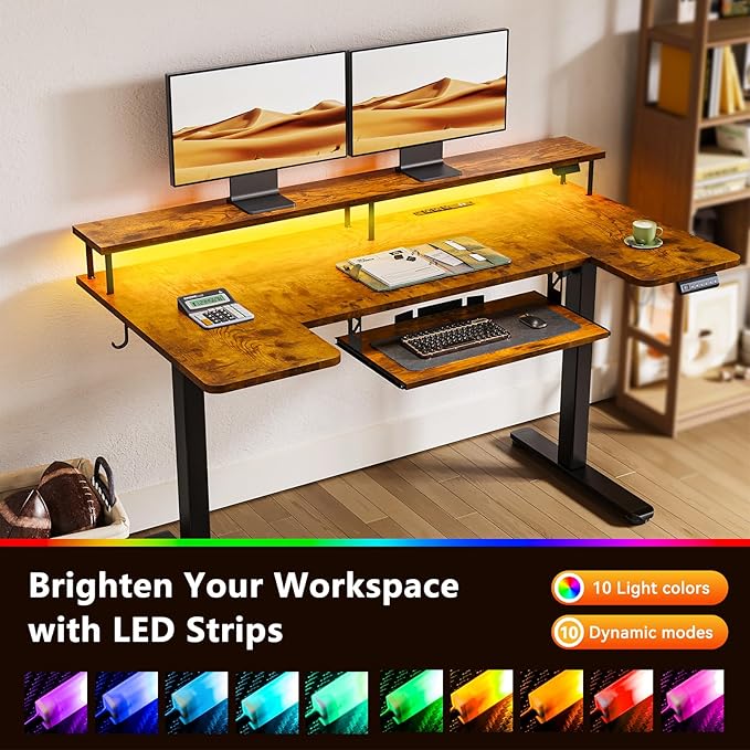 OffiGo U Shaped Electric Standing Desk with Keyboard Tray 55 Inch Height Adjustable Desk with Power Outlets &amp LED Lights Sit Stand Table with Monitor Stand for Home Office Rustic Brown