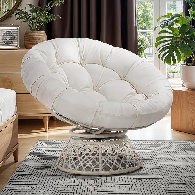 Bme 40 Ergonomic Wicker Papasan Chair with Soft Thick Density Fabric Cushion High Capacity Steel Frame 360 Degree Swivel for Living Bedroom Reading Room Lounge