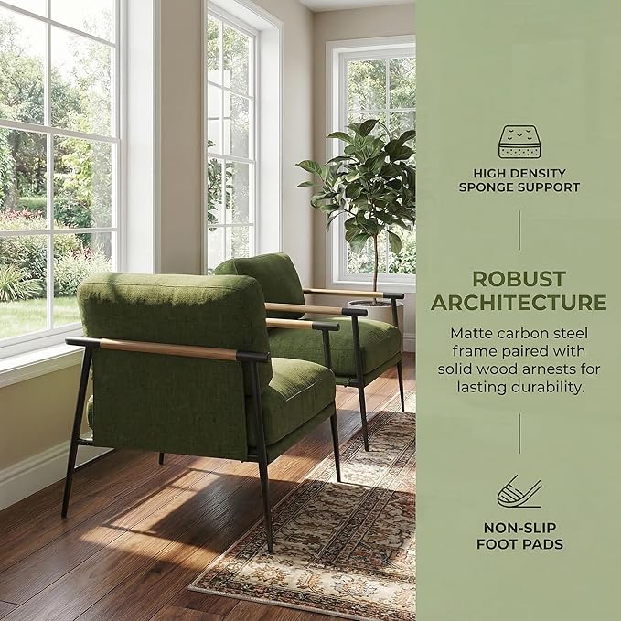 LukeAlon Mid-Century Linen Accent Chair Ultra Soft Living Room Chair with Metal Legs Modern Armchair Reading Nook Chair Lounge Chair Upholstered Comfy Leisure Chair for Bedroom Waiting Room Green