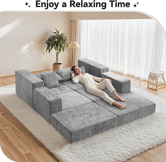 Boneless Sectional Loveseat Couch with Ottoman Convertible Modular Floor Sleeper Sofa Bed Comfy Foldable Compression Love Seat Sofa for Living Room No Assembly Light Grey