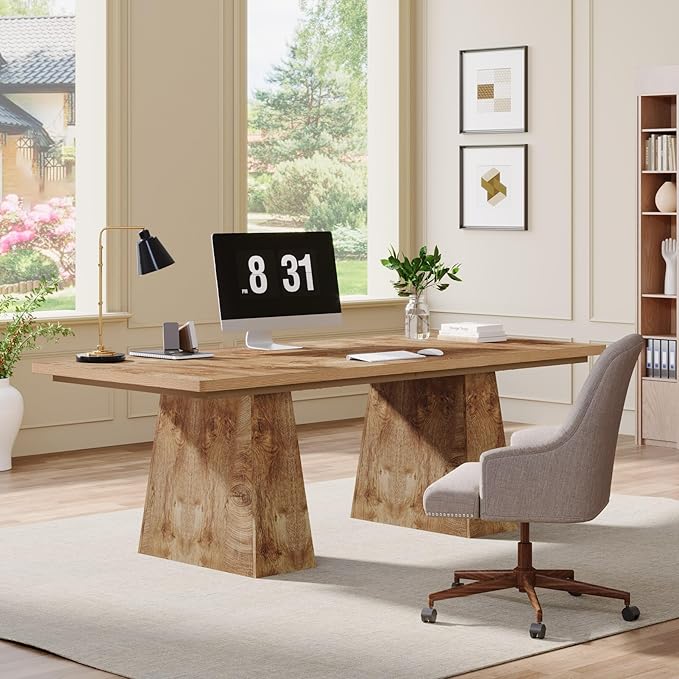 Tribesigns 63-Inch Executive Desk Large Office Computer Desk with Double Pedestal Modern Simple Workstations Writing Table Conference Table Business Furniture for Home Office Natural