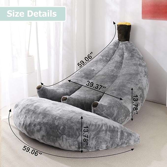 Banana Bean Bag Chair with Ottoman Floor Sofa Bed with Footrest Comfy Convertible Lounger for Adults Plush Couch for Bedroom Living Room or Dorm L-Grey