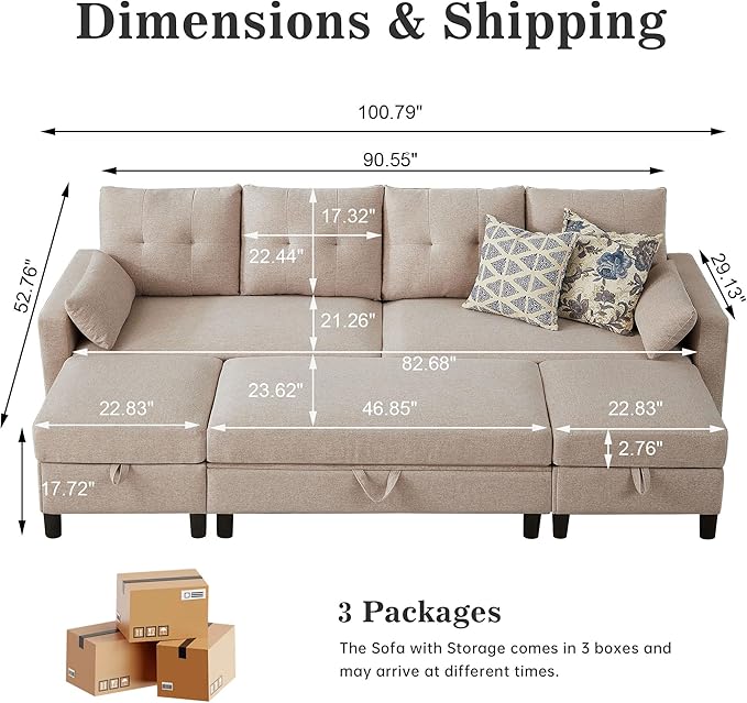 101 Convertible Sectional Sofa Modern Linen Fabric U-Shaped Couch with Reversible Chaises and Ottoman Coffee Table 4 Seat Sofa Couches for Living Room Apartment Office Beige
