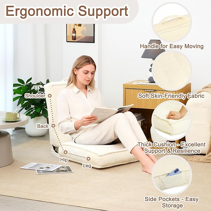 Adjustable Floor Chair with Back Support 6-Position Folding Meditation Chair Floor Sofa Chairs for Adults Comfy Accent Chairs for Reading Gaming Living Room Bedroom Beige