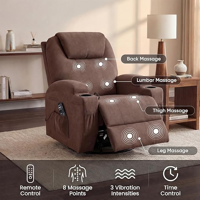 Flamaker Swivel Rocker Recliner for Adults 360 Glider Rocking Chair with Vibration Massage Upholstered Recliner Chair with 2 Cup Holders &amp Side Pockets for Living Room Nursery (Leathaire Brown