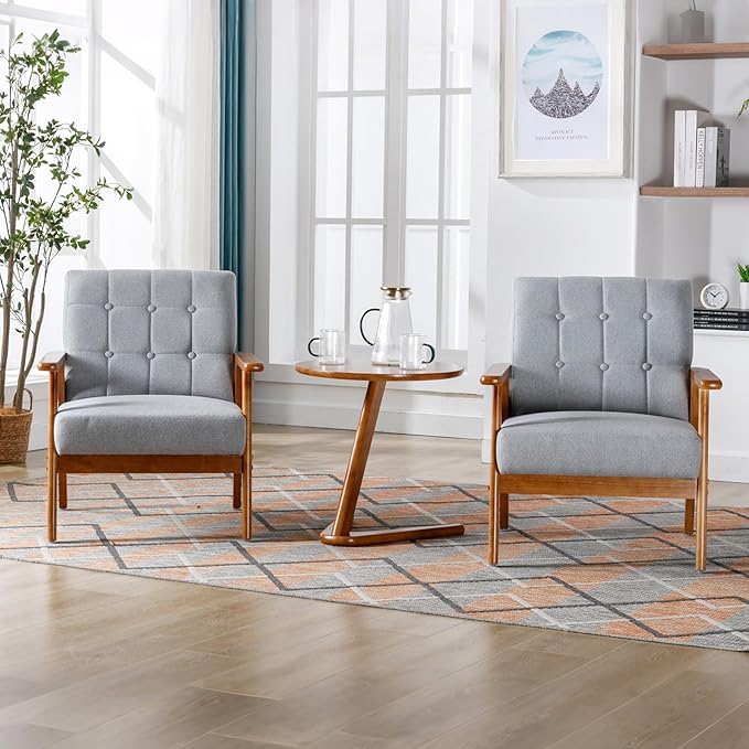 Linen Accent Chair Set of 2 Mid-Century Modern Armchair with Solid Wood Armrests Button-Tufted Comfortable Cushioned Reading Chairs for Living Room Bedroom (Light Grey