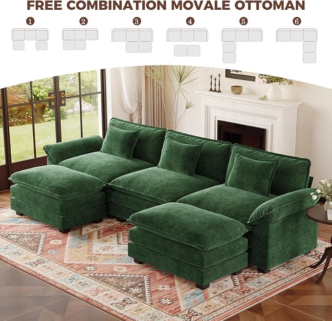 HUSFU 120 Cloud Couch Modular Sectional Sofa with Ottoman 3-Seat Modern Chenille Upholstered U-Shaped Deep Seat Sofa Couch for Living Room Bedroom and Apartment Green