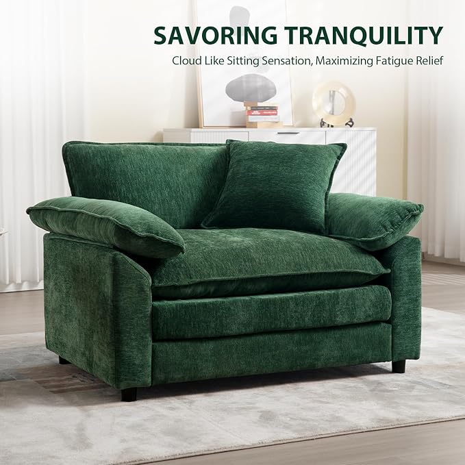 Chenilli Oversized Accent Chair with Ottoman Single Sofa Chair with Large Seat and Extra Wide Armrests Modern Comfy Armchair Reading Chairs for Bedroom Living Room Green