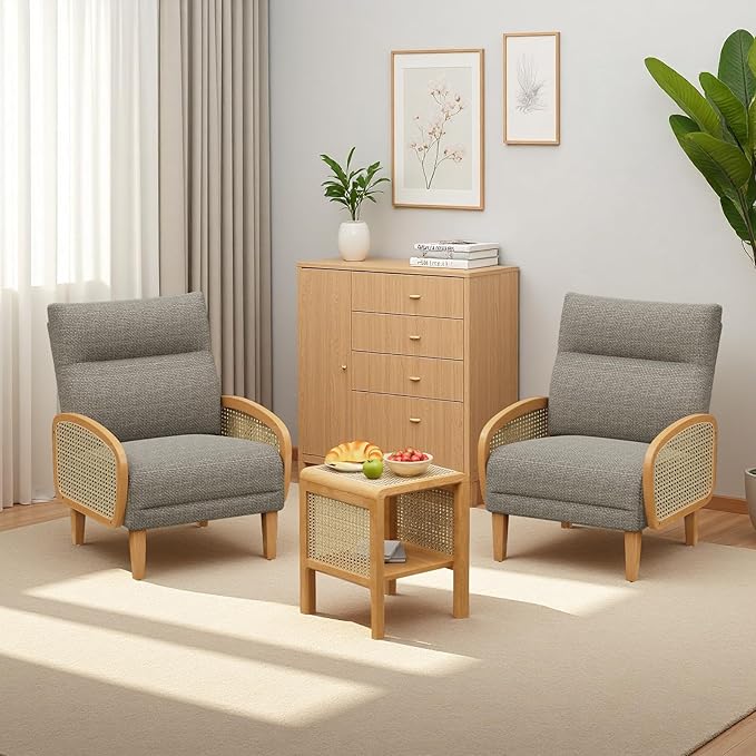 Rattan Accent Chairs Set of 2 Arm Chair with High Resilience Cushion Armchair with Sturdy Ash Wood for Living Room Brownish Gray