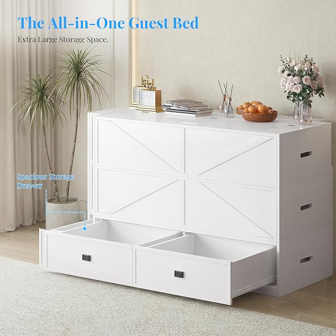 PUREMIND Murphy Bed Full with Mattress Included Wood Cabinet Bed with Dual Storage Drawers &amp 2 Pillows 3-in-1 Convertible Sofa Beds for Small Space Guest Room White