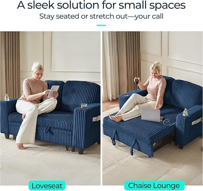 LINSY HOME Loveseat Sofa with Pull Out Couch Chaise: 2-in-1 Convertible 2 Seater Sofa with USB Charging &amp Cup Holders Comfy Plush Corduroy Love Seat for Small Spaces Living Room Apartment Blue