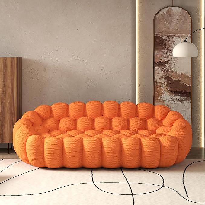 Bubble Couch Modern 3-Seater Upholstered Mesh Fabric Round Floor Sofa 3D Honeycomb Shape Bubble Sofa Curved Sofas for Living Room Circle Boneless Orange Couch No-Assembly (Orange 98.43)