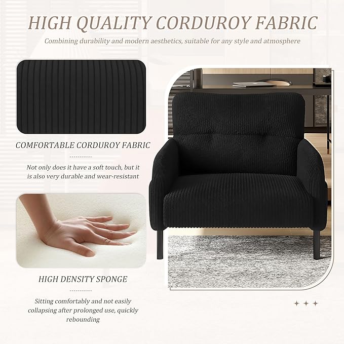Black Accent Chair - Corduroy Living Room Chairs with Side Storage Pockets and Durable Legs Comfy Arm Reading Chair with Soft Backrest for Bedroom Balcony Study Room