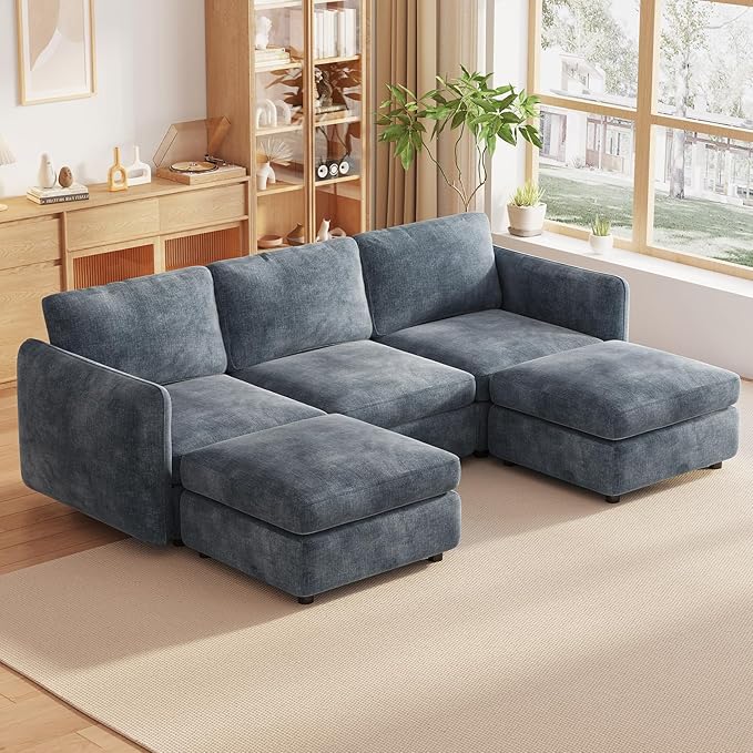 92.51 U Shaped Couch 5-Seater Modular Sectional Sofa with Chaise Comfy Cloud Couch with 2 Storage Ottomans Upholstered Sectional Sofa with Deep Seat for Living Room Apartments Blue