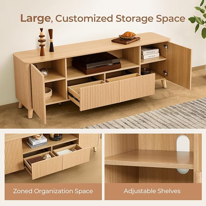 CHITA TV Stands for Living Room Mid Century Modern TV Stand for 80 inch TV with Storage Drawers Adjustable Shelves Oak