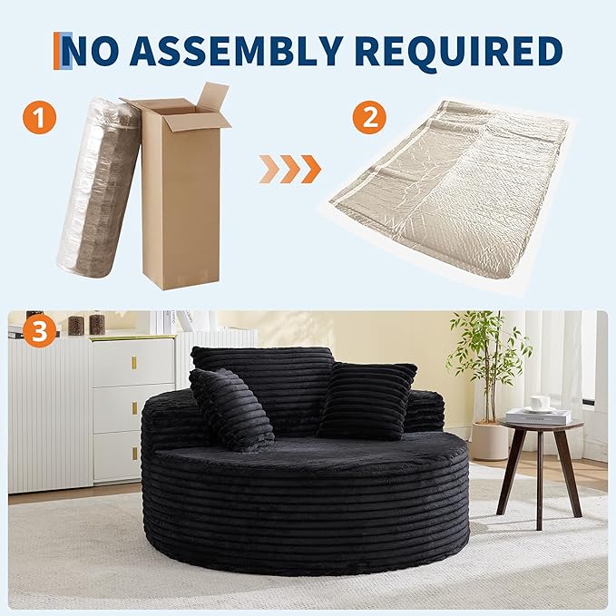 Garvee 55 Round Oversized Chaise Longue Chair Indoor Corduroy Upholstered Boneless Cloud Couch Deep Seat Sleeper Floor Sofa Chair for Living Room Bedroom Apartment Black