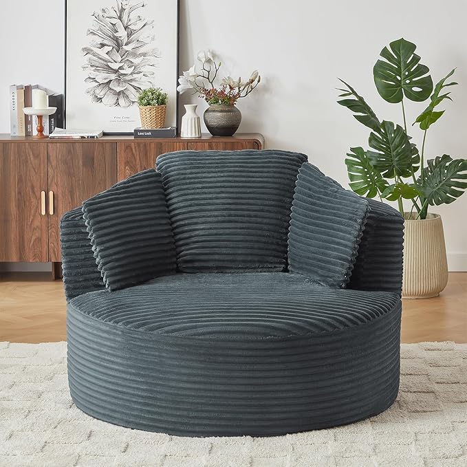 Round Chair Lounge Chaise Indoor 48.8 Oversized Sofa Chair Upholstered Corduroy Deep Seat Sleeper Sofa Bed No Assembly Required for Living Room Bedroom Apartment Dark Gray