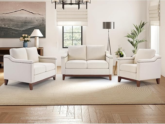 Modern 3 Piece Sofa Set with Rivets Included Chenille Accent Chair and Upholstered Loveseat 2-Seater Couches Set of 2 with Solid Wood Legs Living Room Furniture SetBeige