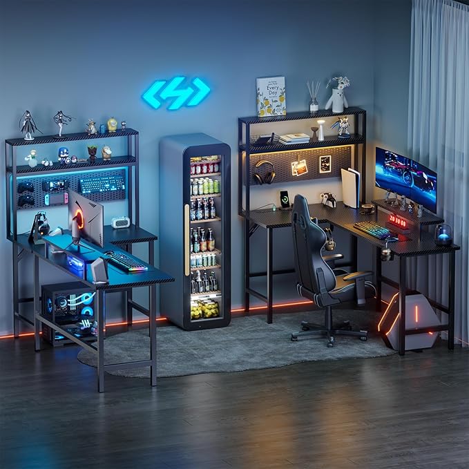 HLDIRECT L Shaped Gaming Desk with LED Light &amp Storage Shelves 67 Inch Reversible Computer Table with Power Outlet Corner Game Desk with Hutch &amp Monitor Stand Home Office Black