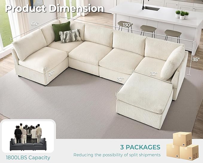 Jocisland Oversized Modular Sectional Sofa with 32 Deep Seat 6 Seater Sectional Couch Modular Sofa for Living Rooms Tool-Free Assembly Flexible Modular Couch Layout-Corduroy Beige