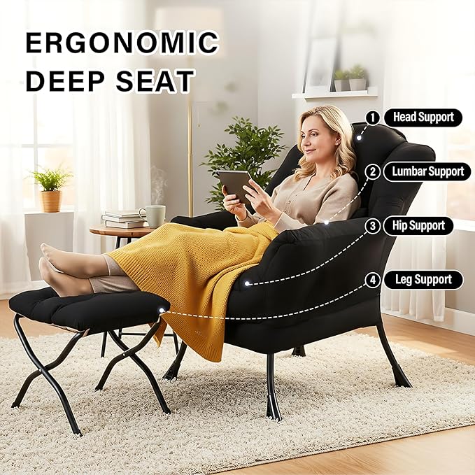 Lazy Chair with Ottoman Comfy Fabric Accent Lounge Arm Chair with Lumbar Pillow and Folding Footrest Reading Leisure Sofa Chair for Bedroom Living Room DormBlack