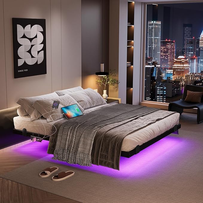 Floating Bed Frame with LED Lights and Charging Station 10 Inch Floating Bed Frame Full Metal Platform Full Bed No Box Spring Needed Easy to Assemble