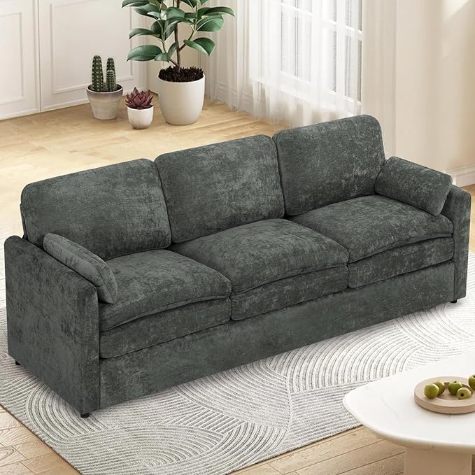 89” Chenille Sofa w/Arm Pillows Upholstered 3-Seater Sofa w/Comfortable Back Cushions Modern 3 Seats Couch w/High-Density Foam for Living Room Apartment Office Grey