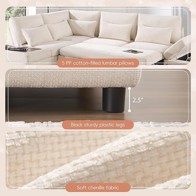 Modular Sectional Sleeper Sofa Bed 107'' Pull Out Bed Sectional Sofa with Free Movement Storage Ottoman L-Shape with Wide Seats Oversized Chenille Sofa for Living Room (Light Khaki+Beige/512)
