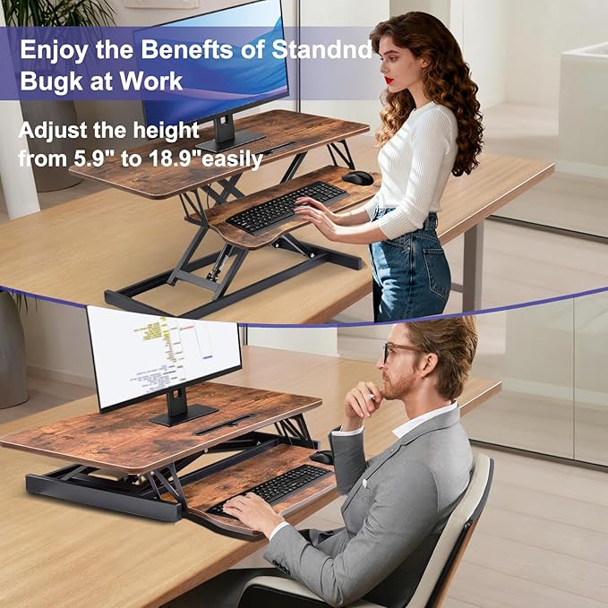 38-Inch Height Adjustable Standing Desk Converter Duals Monitor &amp Laptop Riser with Wide Keyboard Tray Sit to Stand Ergonomic Workstation for Home Office School Business Tiger Brown
