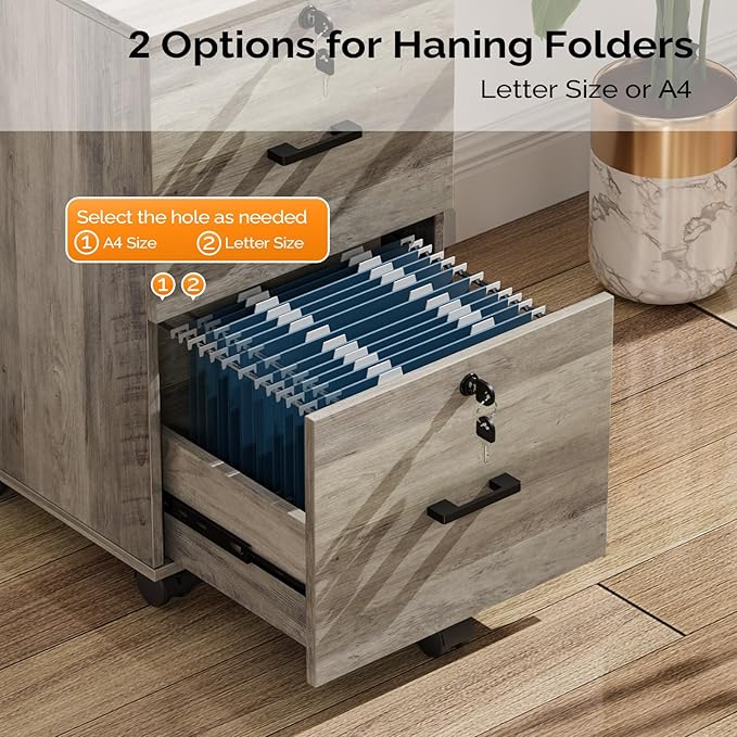 VINGLI 2 Drawer File Cabinet with Lock Wood Rustic Gray Filing Cabinet for Letter Size File Folders with Tabs Under Desk Rolling File Cabinets for Home Office Mobile File Organization Printer Stand