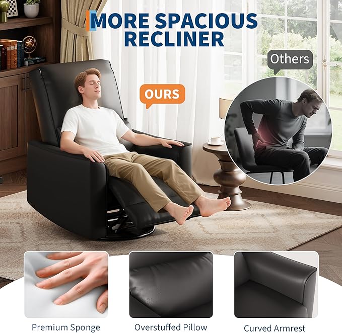 GarveeHome Recliner Chair 360° Swivel Rocker Glider Nursery Chair with Padded Armrest and Deep Seat PU Leather Upholstered Reclining Sofa Chair for Living Room Bedroom and Nursery (Charcoal)