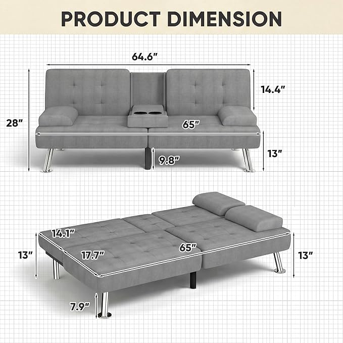 YESHOMY Modern Futon Sofa Bed Convertible Futon Couch with Adjustable Backrest Futon Loveseat Sleeper Sofa Bed with Armrest for Living Room Small SpacesLinen Fabric Light Gray