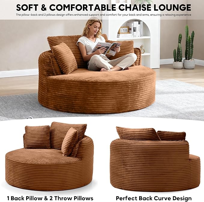 Oversized Round Chair Lounge Chaise Indoor 53.5 Corduroy Boneless Round Chair Fluffy Single Deep Seat Cloud Sofa Chairs Modern Circle Chaise Lounge for Bedroom Living Room Orange