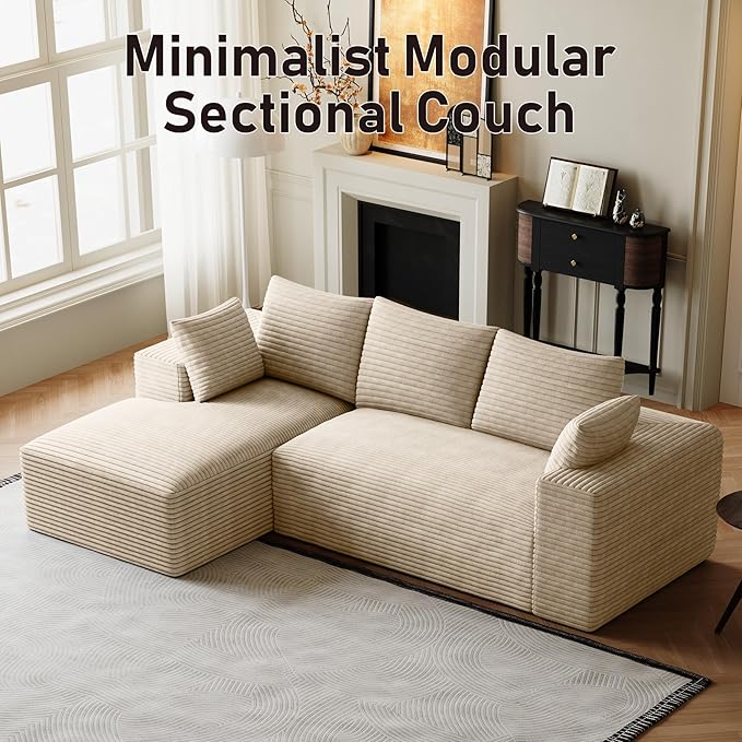 Modular Sectional Sofa Cloud Couch 107 Comfy L Shaped Sectional Couches for Living Room Modern Deep Seat Cozy Fluffy Corduroy Boneless Couch Sectionals Sofa with Chaise (Left Facing Beige)